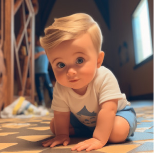 personagem de bebe loiro com olhos azuis no chão feito através de Inteligencia Artificial Generativa Seed 300x298