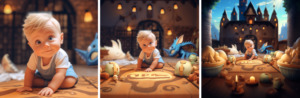 personagem de bebê loiro de olhos azuis no chão em diferentes cenários feito através de Inteligencia Artificial Generativa 