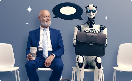 homem branco e barbudo de terno azul sentado em uma cadeira segurando um copo, ao lado de um robô sentado em uma cadeira segurando uma maleta de trabalho com um balão de fala entre eles