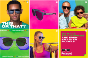 pessoas e criança usando óculos escuros com fundos coloridos,  exemplificando tendências de design 2024